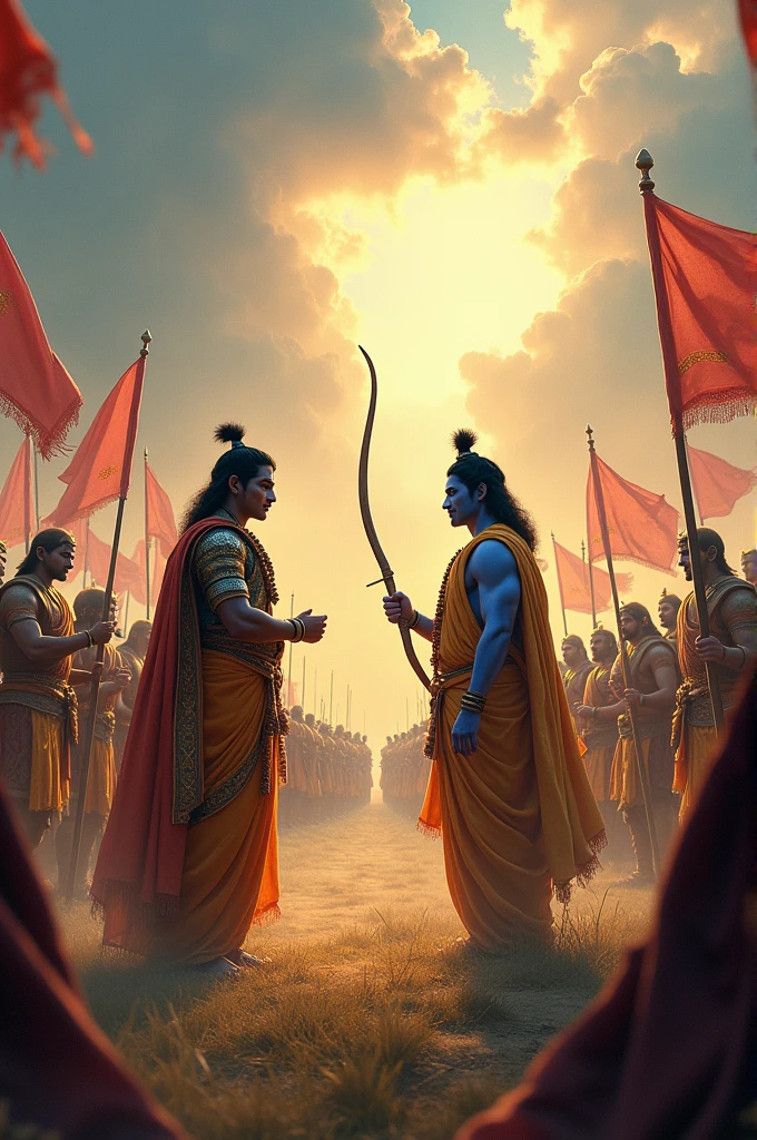 Kurukshetram one side kouravas and one side pandavas in middle lord sri krishna and arjuna talking about bagavadh gita