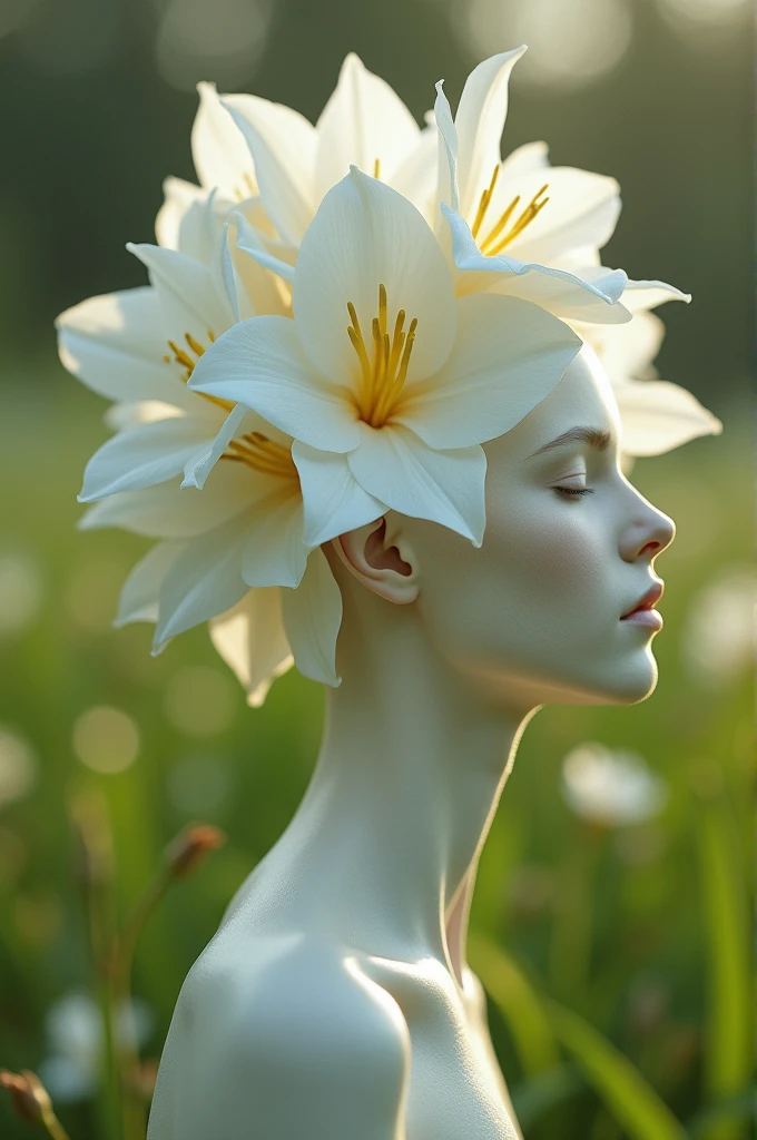 anthropoturnic Orquídea Garceta Blanca (Habenaria radiated) , This stunning white flower looks like a tiny white egret fluttering through a field.. magical., Human head of a 2 French style model girl, neck growing from the ground, cream white flowers of the neck, turn, fall, realism fotográfico, 4k,realism