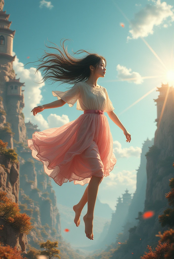 nsfw, (RAW photo, best quality), (realistic, photo realistic: 1.3), best quality, highly detailed, dancing, flying, panorama, vista, smile, shy, floating, levitating, dynamic pose, masterpiece, super detailed, illustration, 1 girl, upper_body, dynamic angle, world masterpiece theater, messy_long_hair, best quality, extremely detailed CG Unity 8k wallpaper, ink, amazing, cinematic lighting, lens_ flare，dunhuang_style，