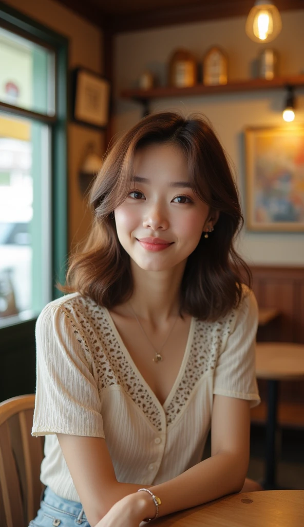 uhd, masterpiece, best quality, 16K, Japanese women、Housewife in her 30s、Woman relaxing in a cafe、Look at me and smile、Beauty、Long Bob Cut Hair、Light brown hair、Double eyelids、Natural Makeup、Lip gloss、Casual yet elegant outfit、