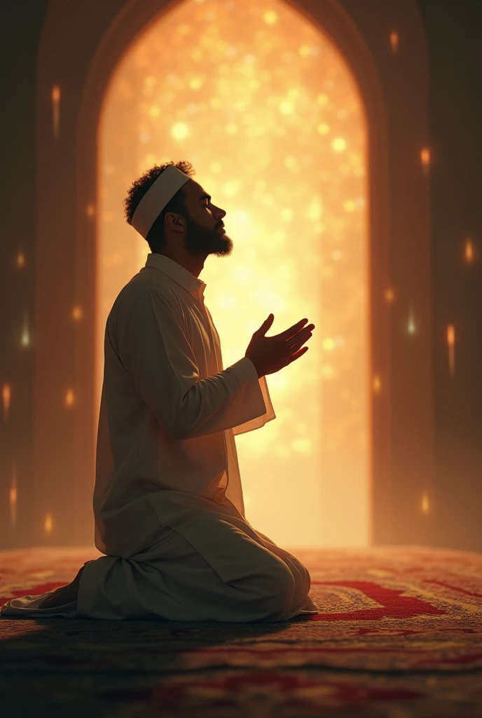 Fade back to the believer in prayer, showing a look of peace and contentment on their face. The scene closes with the believer standing, ready to continue their journey with renewed faith, as the glow of paradise lingers in the background.Mood: Reflection, spiritual peace, and hope for the hereafter. 
Man praying namaz