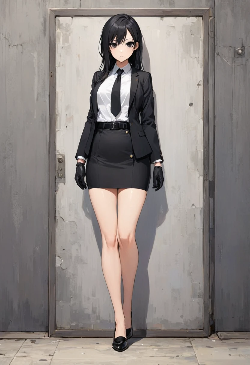 Black miniskirt , pencil skirt , black shoes ,whole body , thighs , black hair , black eyes , face , Black gloves , White shirt , black tie , button open blazer , standing posture , black belt , whole body샷 , bare legs