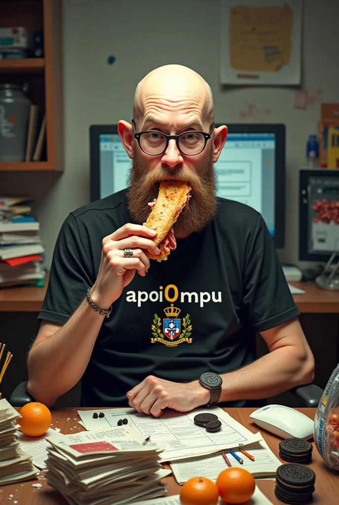 white male, 40 year old, baldie, completely smooth face, no fur, bochechas grandes, Scrawny, but very pot-bellied, wearing light glasses and eating baguette with lots of ham. Sitting behind an extremely cluttered desk with a computer, many stacks of loose papers, crumbs and lots of Oreo cookies. Wearing a black shirt with the following phrase: APOI0 MPU, coat of arms of the federative republic of brazil on the shirt, besides a bag of tangerines on the table.