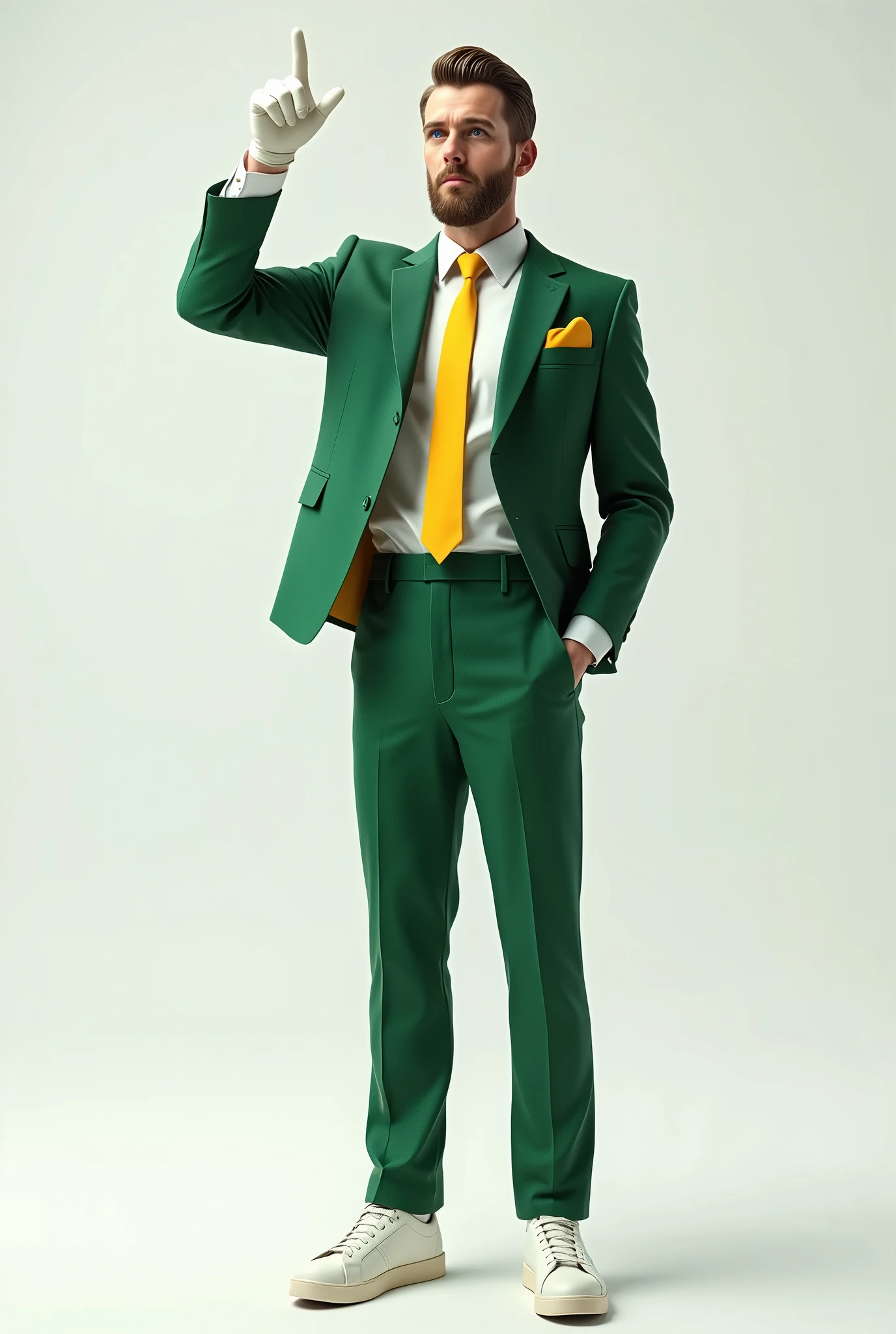 I would like a highly realistic full body image of a man. He should be wearing a green suit, green pants, white shirt and yellow tie. The background should be a neutral environment, white and well lit. The man's hair should be combed to the side and he should wear white gloves.. He should be pointing to the left side with his right index finger as if he were pointing to a sign on his left side above his shoulder but looking at the camera and positioned in front of it., and the camera must be at eye level, capturing the whole body, and the image must be in high resolution. The shoes should be sneakers.