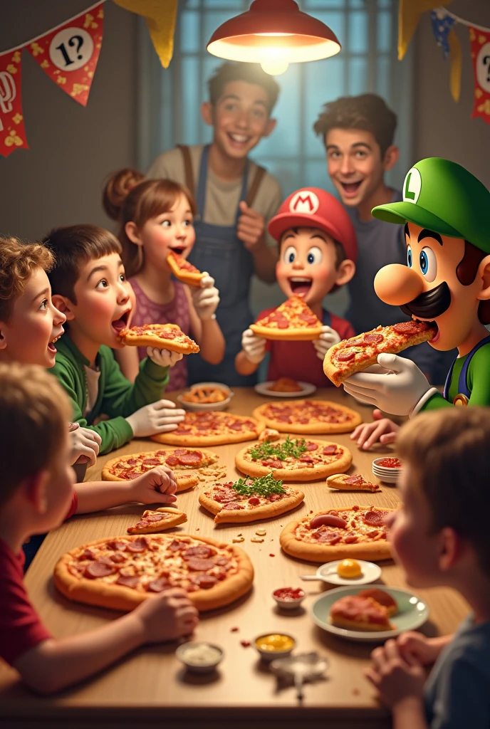 Take a picture of me with several people eating pizza and a hot dog inside the pizza and eating pizza with a dog and Luigi eating a hot dog