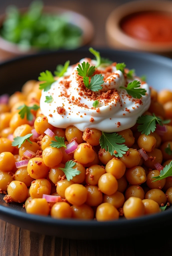 Pakistani chana chaat with some yougurt 