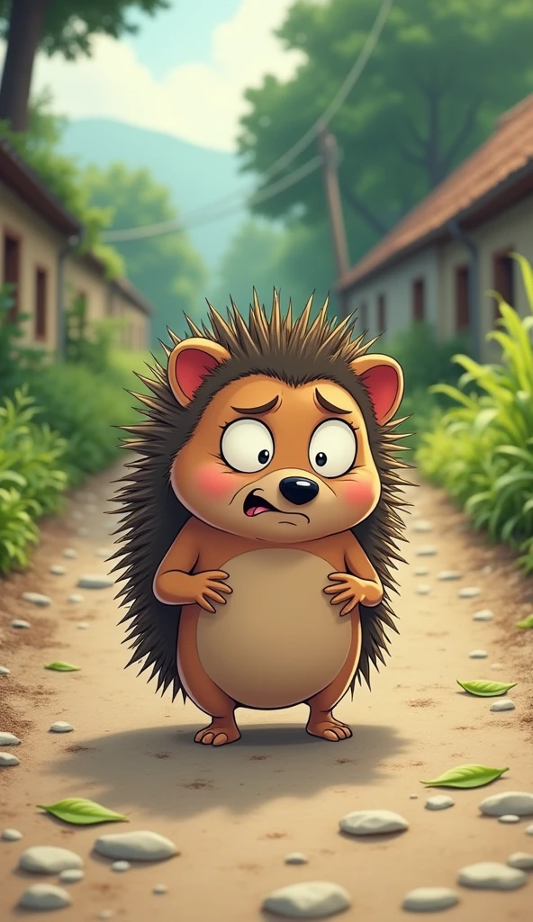 A cartoon hedgehog is walking down a gravel road, he's sad, he's in pain