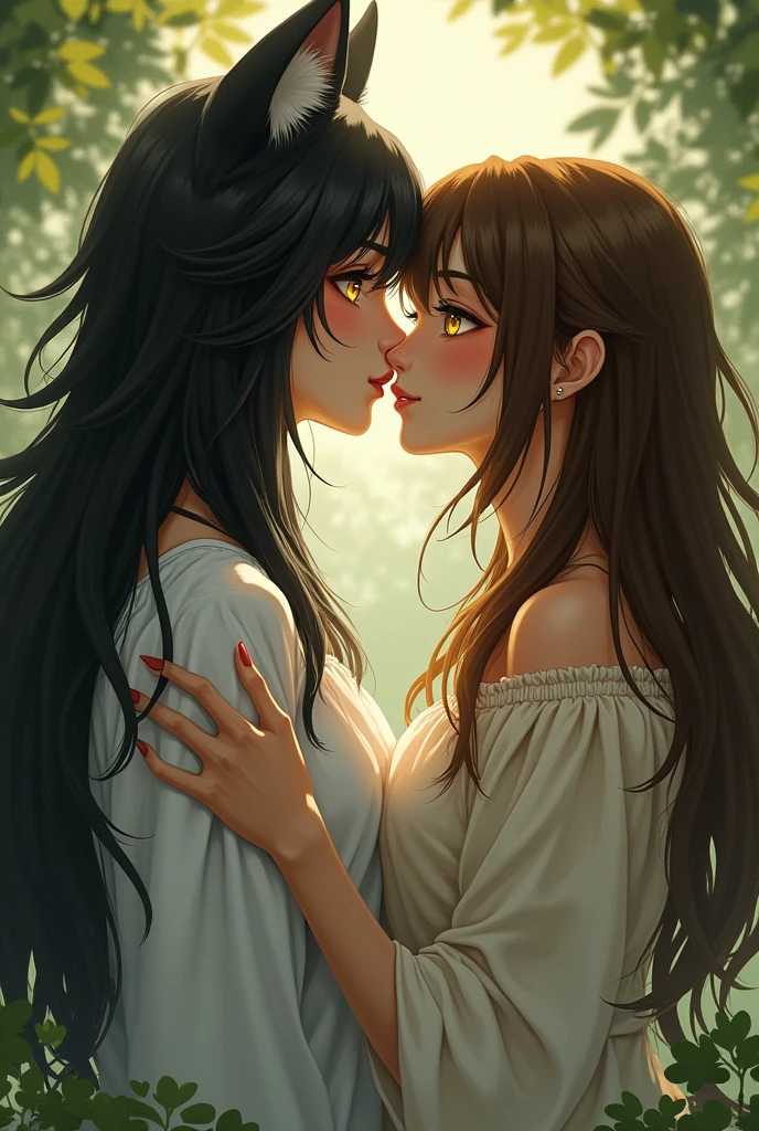 ookami mio, a fair-skinned wolf with black hair and pale skin and golden eyes, is surprised to feel the kiss of her friend Man with light brown skin, golden eyes and brown hair