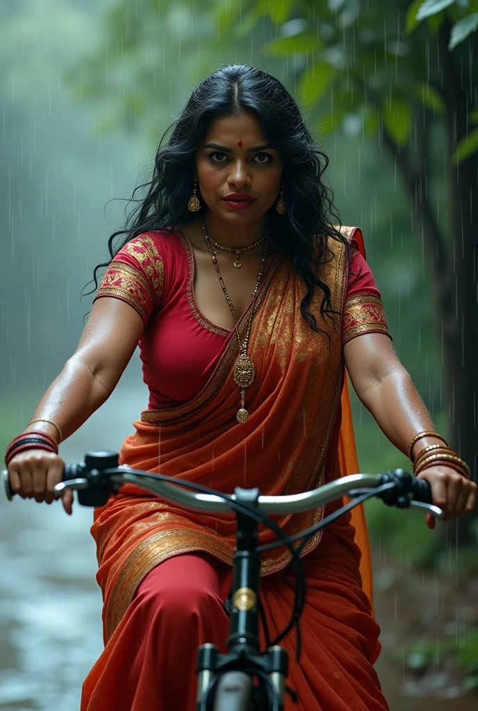 Hottest bhabhi her big breast wearing saree in rainy and set on cycle 
