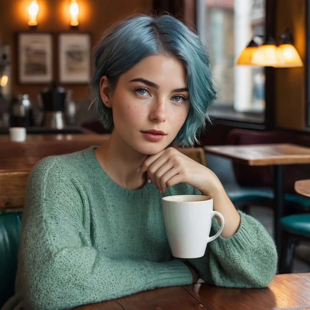 Woman, 20 Years Old, Nordic Ethnicity, short blue hair with a perfect face and light freckles, Blue-Green Eyes, sitting in a cozy, softly lit corner of a stylish café. She is holding a coffee cup close to her lips, her eyes half-closed in a moment of indulgence. The setting is warm and intimate, with plush seating, wooden tables, and soft, ambient lighting casting a gentle glow. The background features subtle elements like coffee cups, books, and soft-focus patrons in the distance. The scene is both inviting and mysterious, emphasizing the sensual pleasure of the moment. ((Color palette - warm brown, soft gold, deep maroon))