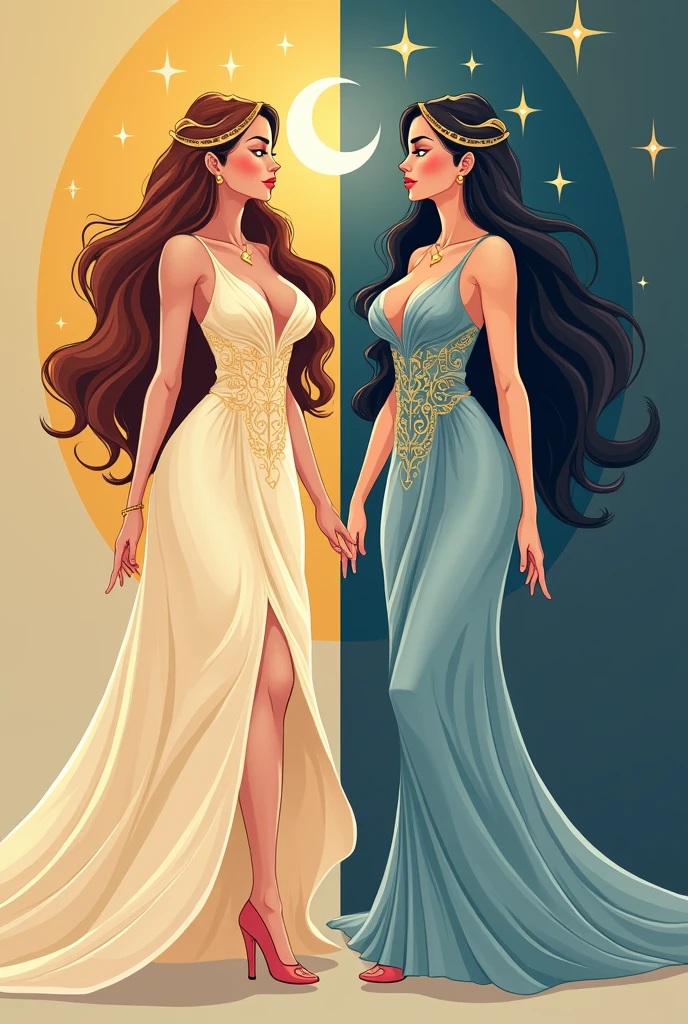 Flat vector of 2 sexy busty godsesses. One is goddess of the day and is on the left side of the image. The other is goddess of the night and is on the right side of the image. They are both wearing elegant dress that represent their domains