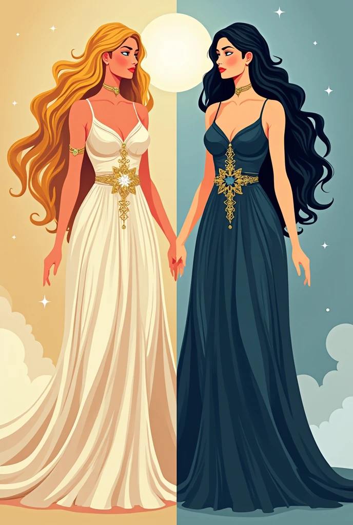 Flat vector of 2 sexy busty godsesses. One is goddess of the day and is on the left side of the image. The other is goddess of the night and is on the right side of the image. They are both wearing elegant dress that represent their domains