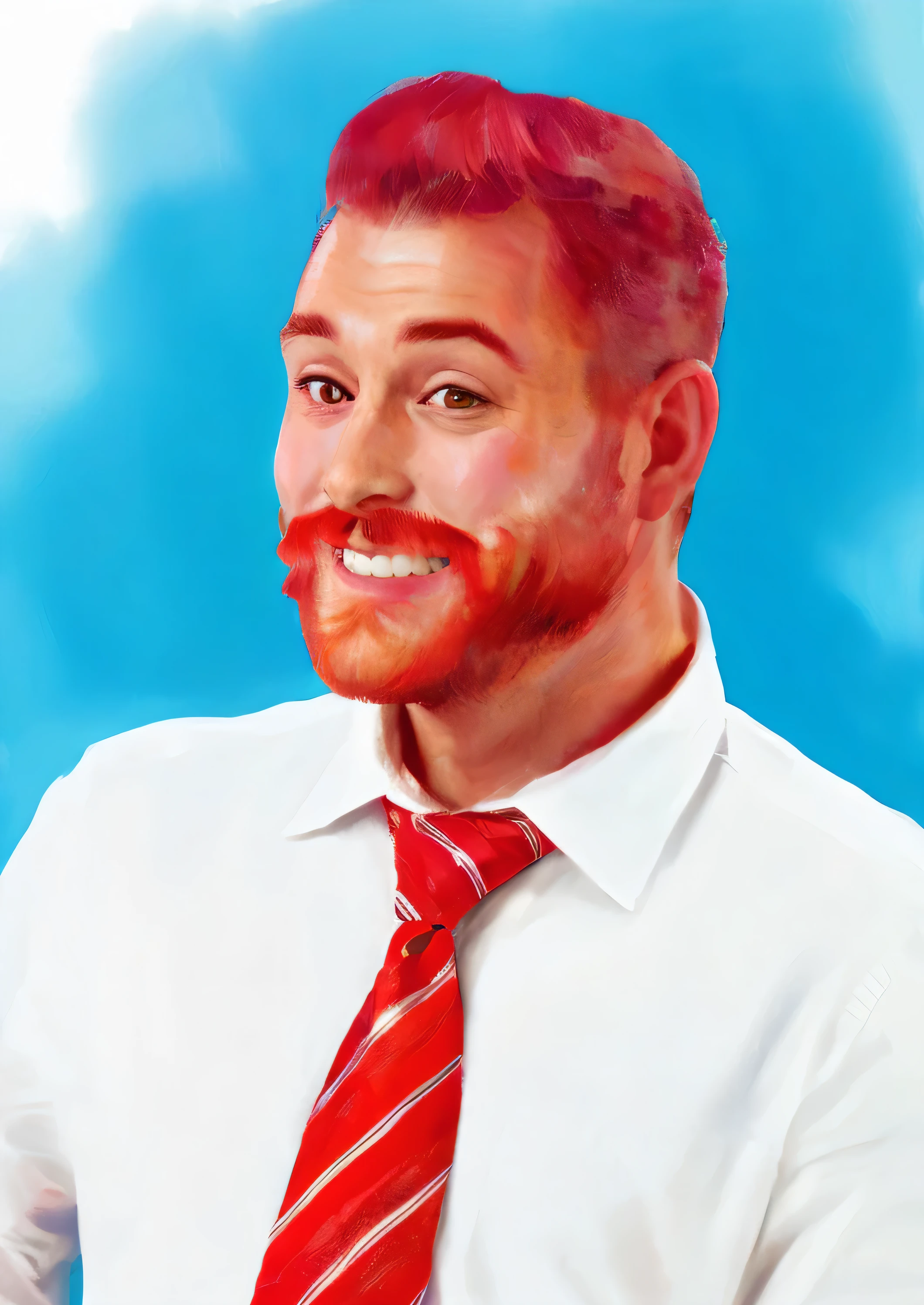 oil painting of a Man with red beard and mustache wearing white shirt and red tie, smiling.