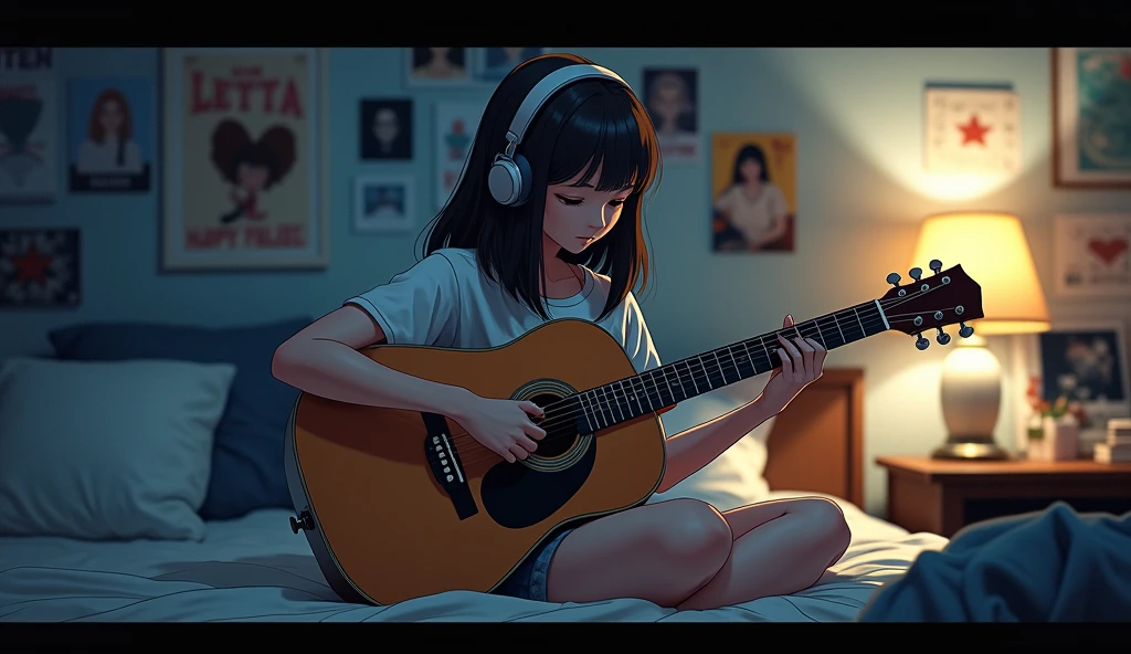Perfect image, 8k, night、Private room、Female college student, Using headphones、Practicing guitar、 2D-style animation, Lo-Fi, Emotional、Retro、Anime style illustrations