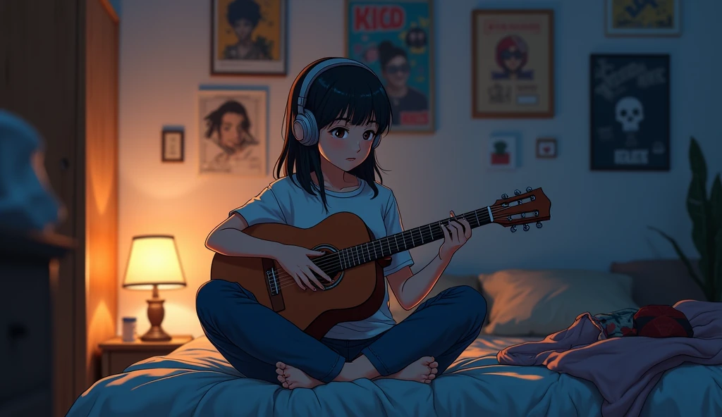 Perfect image, 8k, night、Private room、Female college student, Using headphones、Practicing guitar、 2D-style animation, Lo-Fi, Emotional、Retro、Anime style illustrations