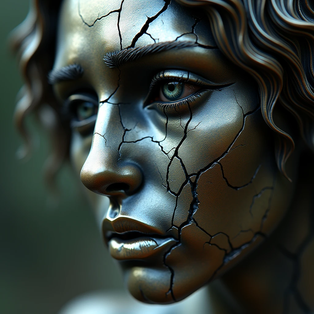 An extremely detailed shot of the head of a bronze figure with a cracked and shattered face, hlboké praskliny a chýbajúce črepiny odhaľujú spodnu vestvu zonatriebra. krehkosť, krvave slzy sa lesknú, as they flow over a broken surface, eyes filled with intense and deep sadness, every detail of the shattered bronze is highlighted, hard and focused lighting, which accentuates cracks and tears on the face, blurred background to emphasize raw emotion and vulnerability, hyperrealistické, film lighting.