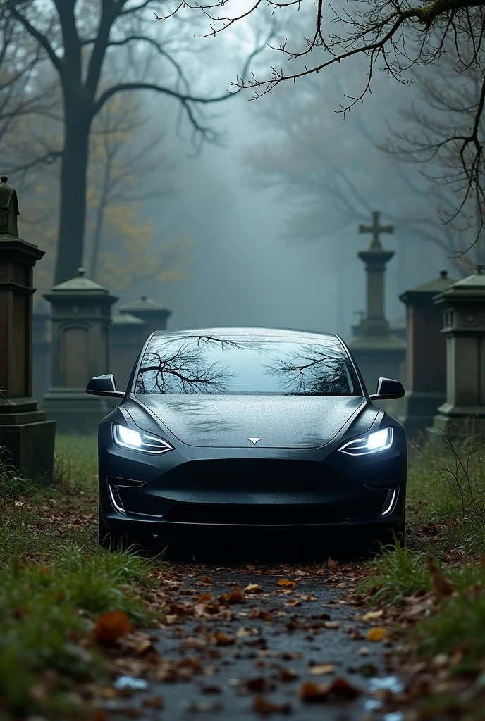 Tesla car in graveyard