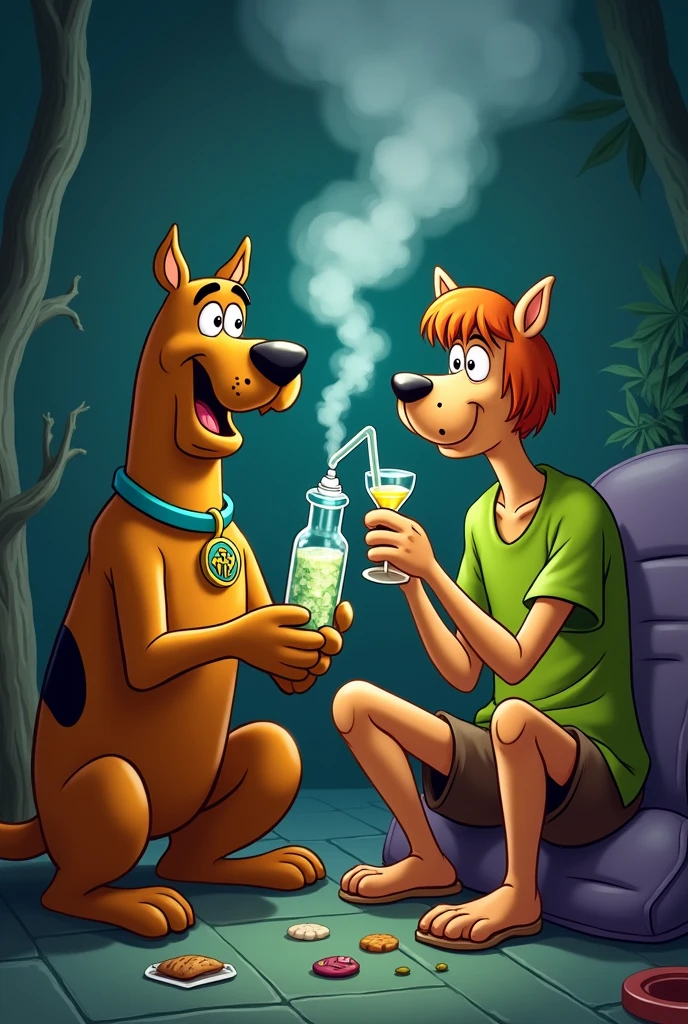 Scooby smoking a bong with Shaggy( the two are smoking together 
