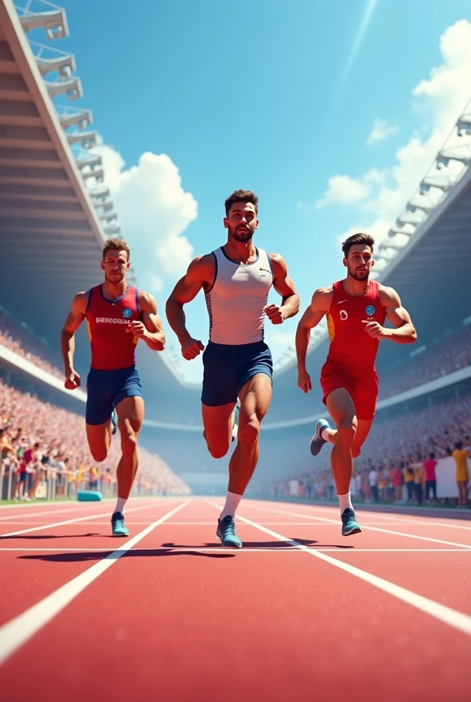three people on an athletics track, with stands and fans
