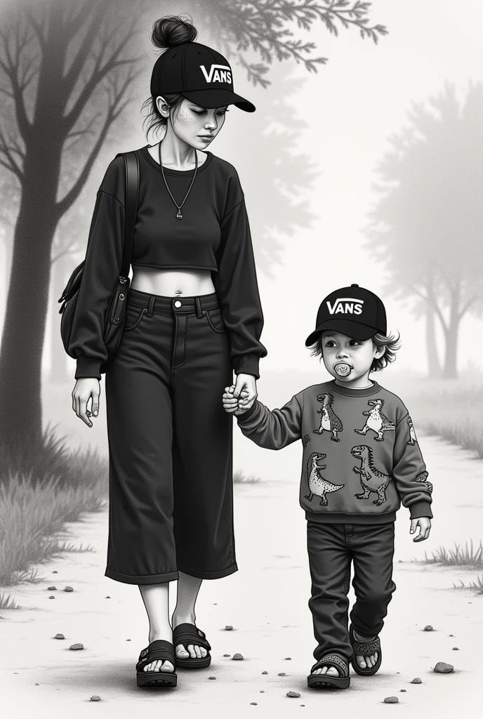 A charcoal drawing of a mom walking through the park with a black cap that says Vans on it and a black t-shirt.On the left he is holding the one-year-old boy with a black cap that has Vans written on it by the hand.This one is wearing a dino sweater and has a pacifier in his mouth.The mom has freckles and a belly-free, black crop top and black culotte pants.She wears Birkenstocks.She has her hair in a bun