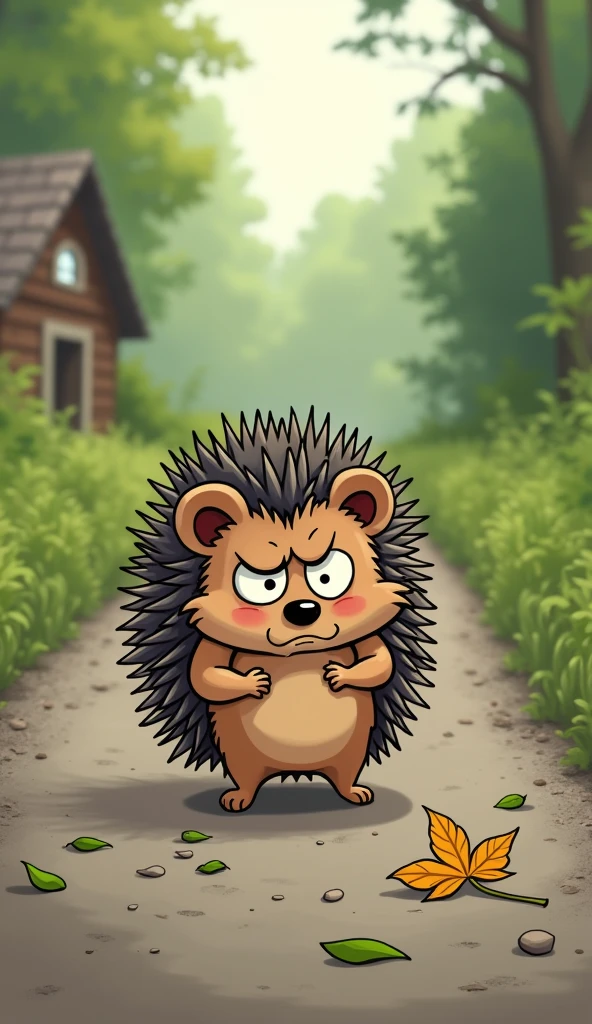 A cartoon hedgehog is walking down a gravel road, he's sad, he's in pain