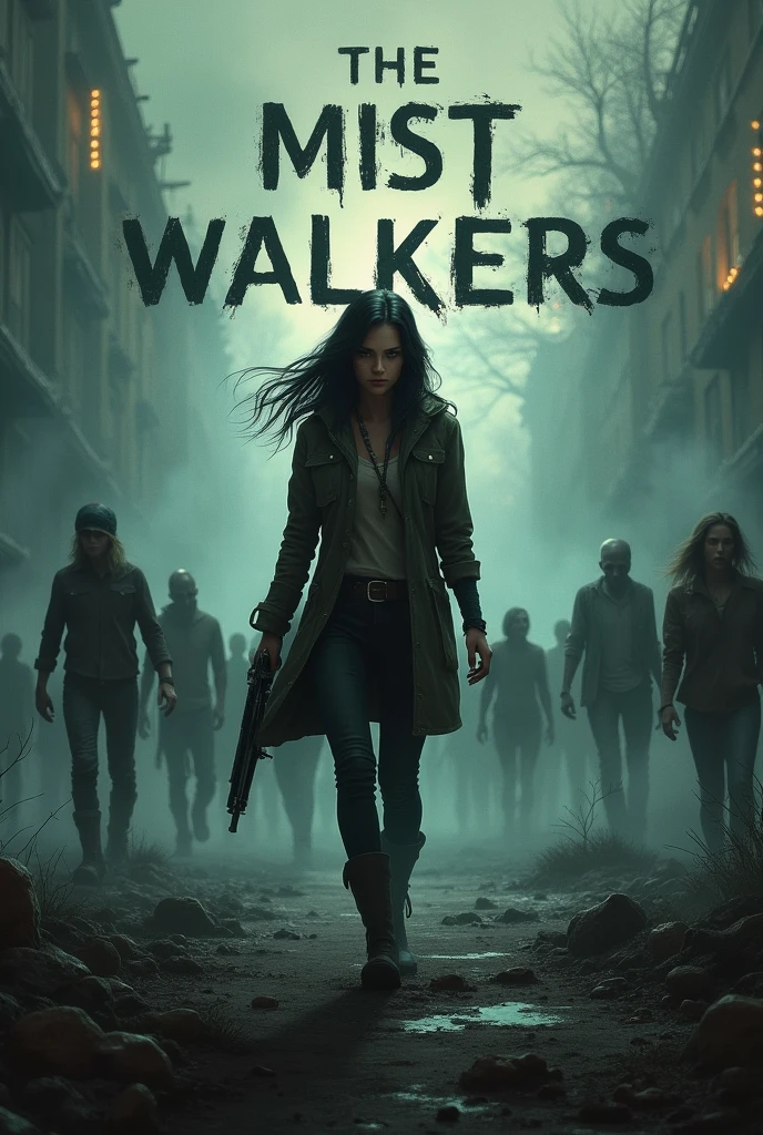 Make a book cover in the style of The Walking Dead with a dark-haired, armed protagonist and zombies in the background.
book cover "The Mist Walkers"