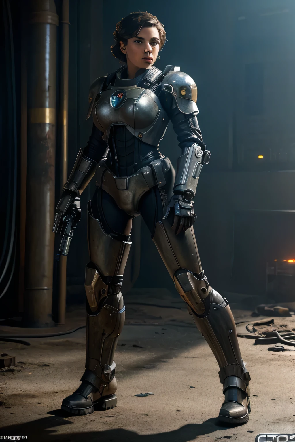 A beautiful girl dressed in the Brotherhood of Steel's mechanical power armor holds a plasma pistol in her hand. Full-length image. Dynamic shot, Fallout 4 universe, highest detail, concept art, high resolution, ultra high resolution, sharp focus, contour clarity, 32K, cinematic environment, professional light, attention to detail, photorealistic, ultra-realistic