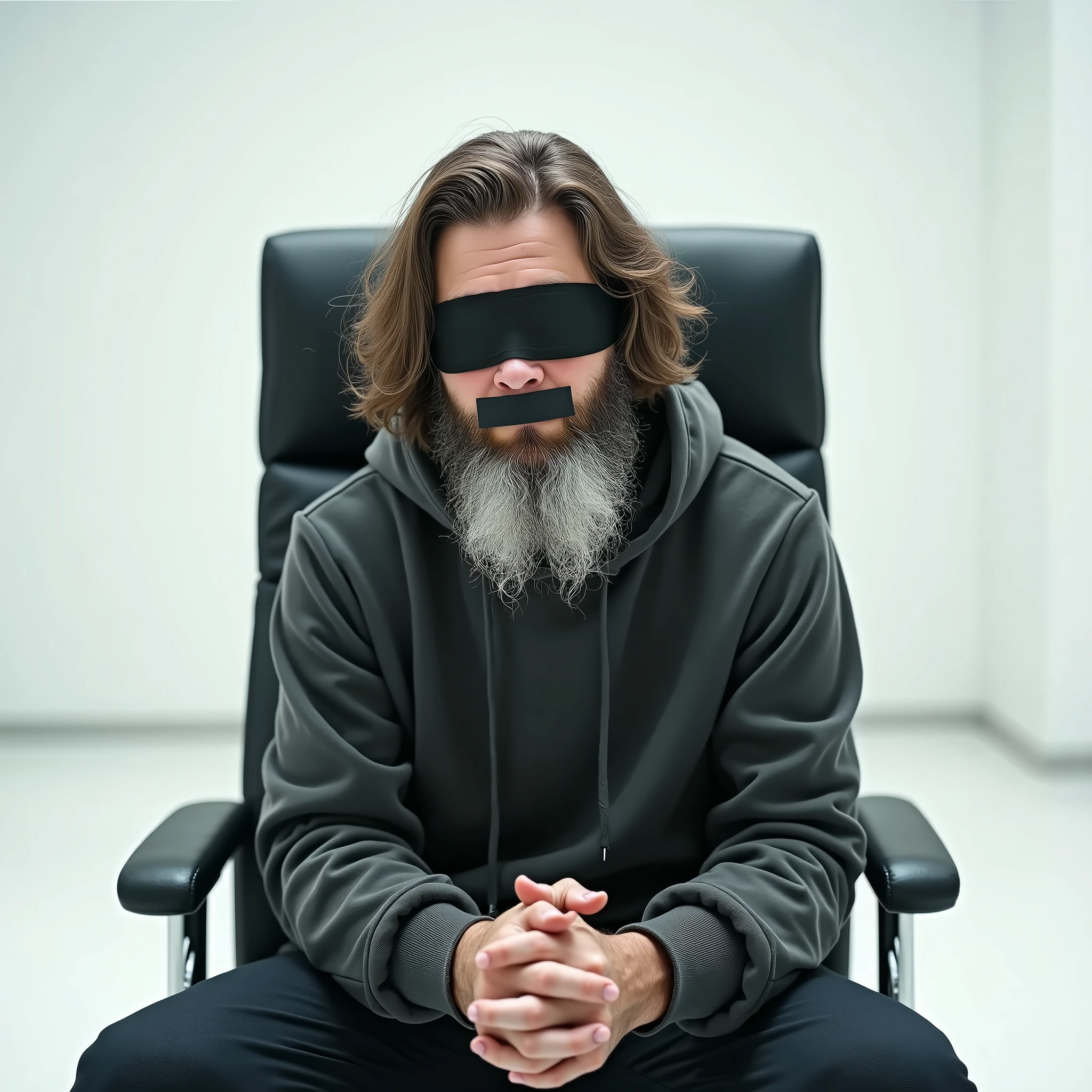 A man with long wavy hair, with a medium beard of brown color, almost white, with a black blindfold over his eyes and with adhesive tape covering his mouth to censor him. He is wearing a simple outfit with a hood on his head., sitting in an office chair in a white room and with hands clasped closed with making a reflection.