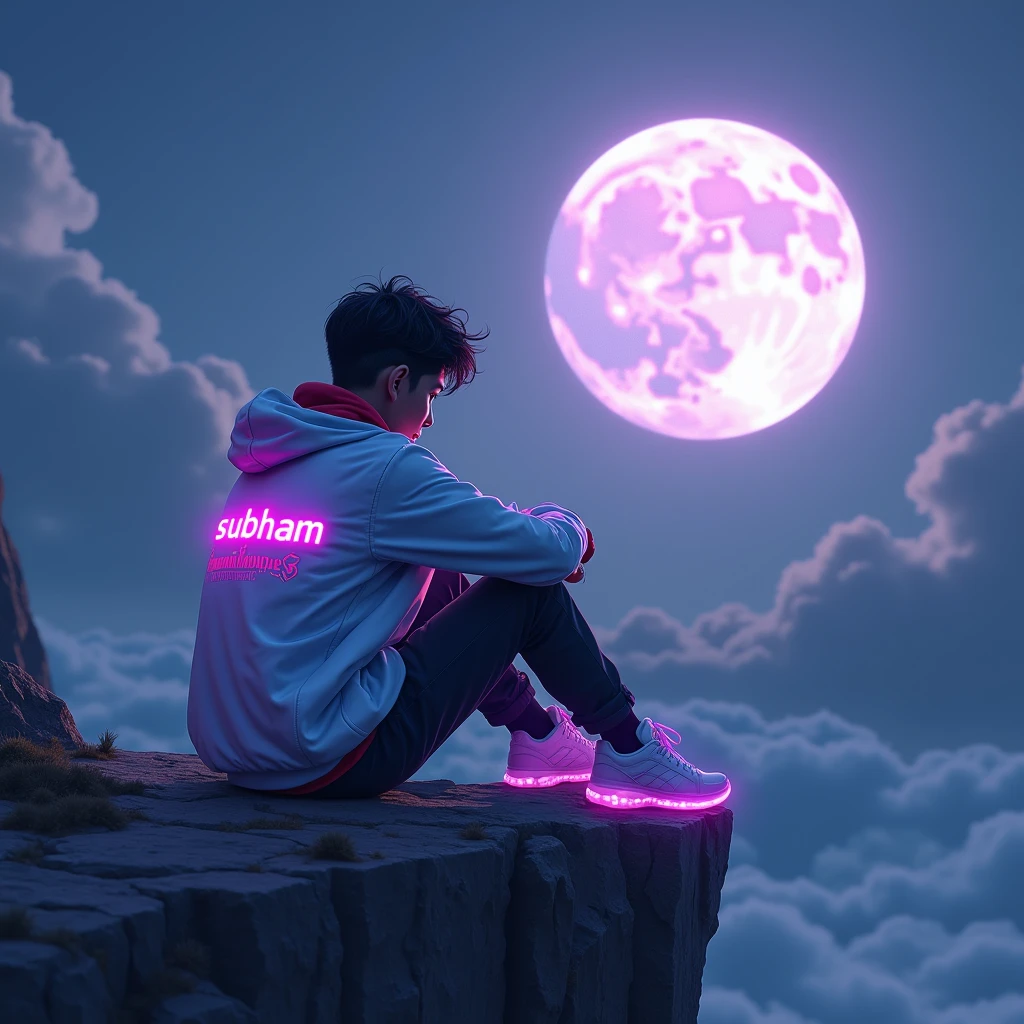 A young person sits on a rocky cliff, gazing at a large, luminous moon in a dramatic sky filled with dark clouds. The figure is dressed in a white jacket with blue and red accents, featuring a prominent “Shubham” logo on the back with purple neon glow , and black pants. Their stylish, futuristic sneakers emit a soft purple glow, while their hair is tousled and lightly illuminated by the moonlight. The overall scene has a moody and introspective atmosphere, with shadows and vibrant colors blending beautifully.