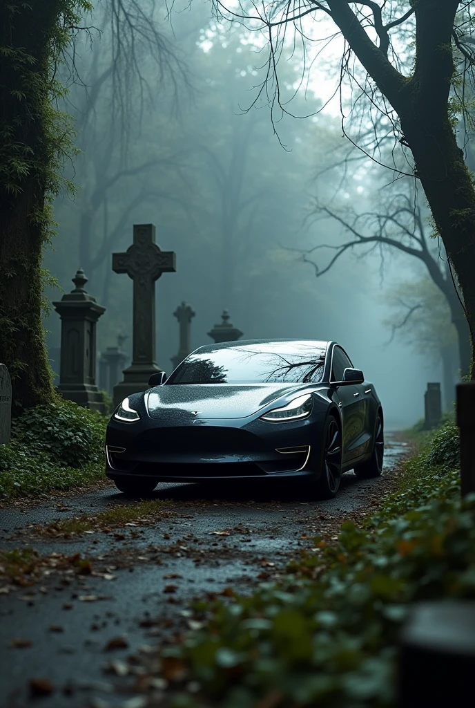 Tesla car in graveyard