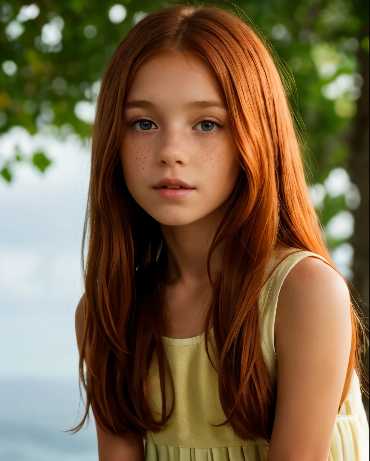 girl (()) ((body )), long dark red hair, (freckles:1.0), bright skin, light eyes gray, Nikon Z 50 Full Angle of View