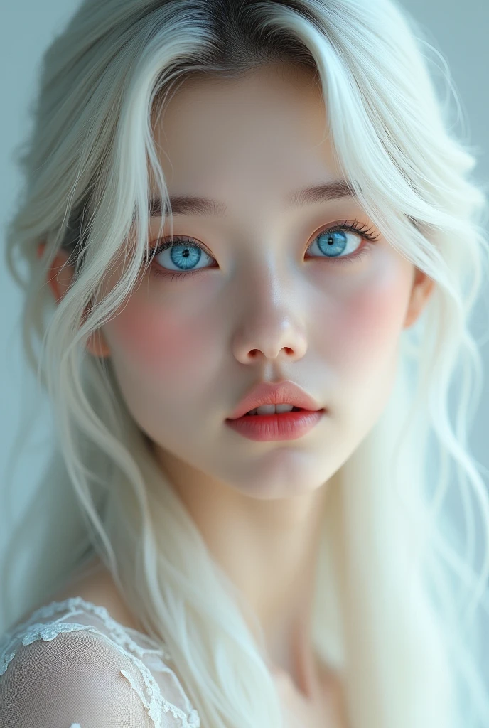Korean woman real face blue eyes and white blonde hair
