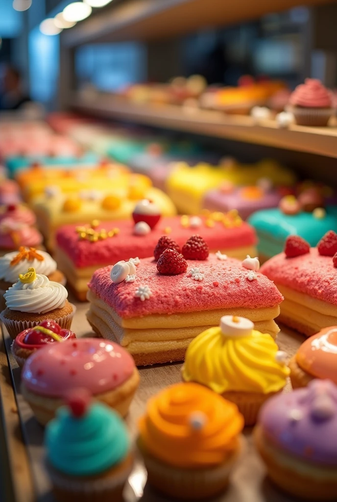 Brightly colored tortas, cupcake donuts, and vibrant hues adorn a display counter in a shop. Each dessert is a feast for the eyes with their vivid colors and tempting designs, creating a veritable rainbow of sweetness. The image, possibly a photograph, captures the delicious treats in sharp detail, highlighting their scrumptious appeal. The display gleams with freshness and quality, making it a tantalizing sight for any sweet tooth.