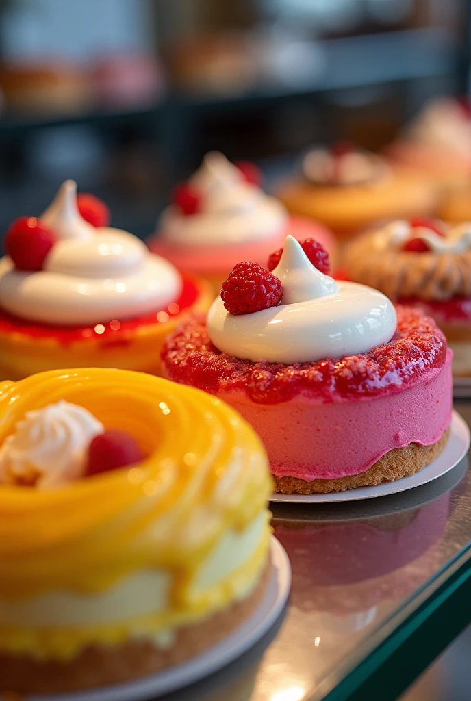 Brightly colored tortas, cupcake donuts, and vibrant hues adorn a display counter in a shop. Each dessert is a feast for the eyes with their vivid colors and tempting designs, creating a veritable rainbow of sweetness. The image, possibly a photograph, captures the delicious treats in sharp detail, highlighting their scrumptious appeal. The display gleams with freshness and quality, making it a tantalizing sight for any sweet tooth.