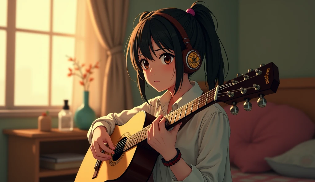 Perfect image, 8k, night、Private room、Female college student, Using headphones、Practicing guitar、 2D-style animation, Lo-Fi, Emotional、Retro、Anime style illustrations、Anime Style