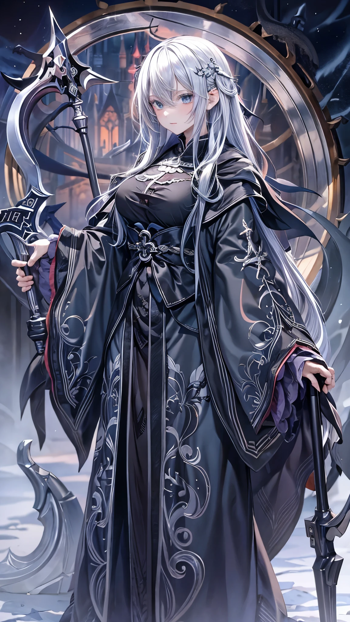 woman、beautiful、Silver Hair、薄紫色のdark瞳、Black embroidered hood、Embroidered and decorated robes、What size is the person standing there holding a scythe in his hand?、Ice Magic、cathedral、night、dark、Elfriede、dark soul