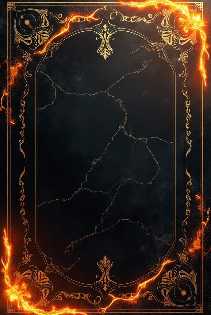Black marble background with small details of gold engravings. Details of small sparks of fire that melt from orange to gold