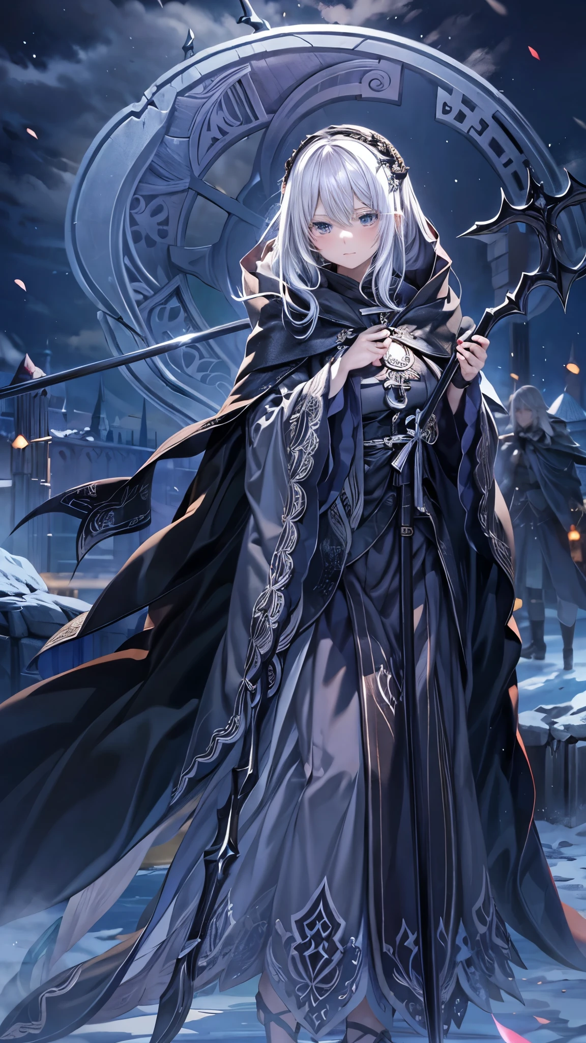 woman、beautiful、Silver Hair、薄紫色のdark瞳、Black embroidered hood、Embroidered and decorated robes、What size is the person standing there holding a scythe in his hand?、Ice Magic、cathedral、night、dark、Elfriede、dark soul