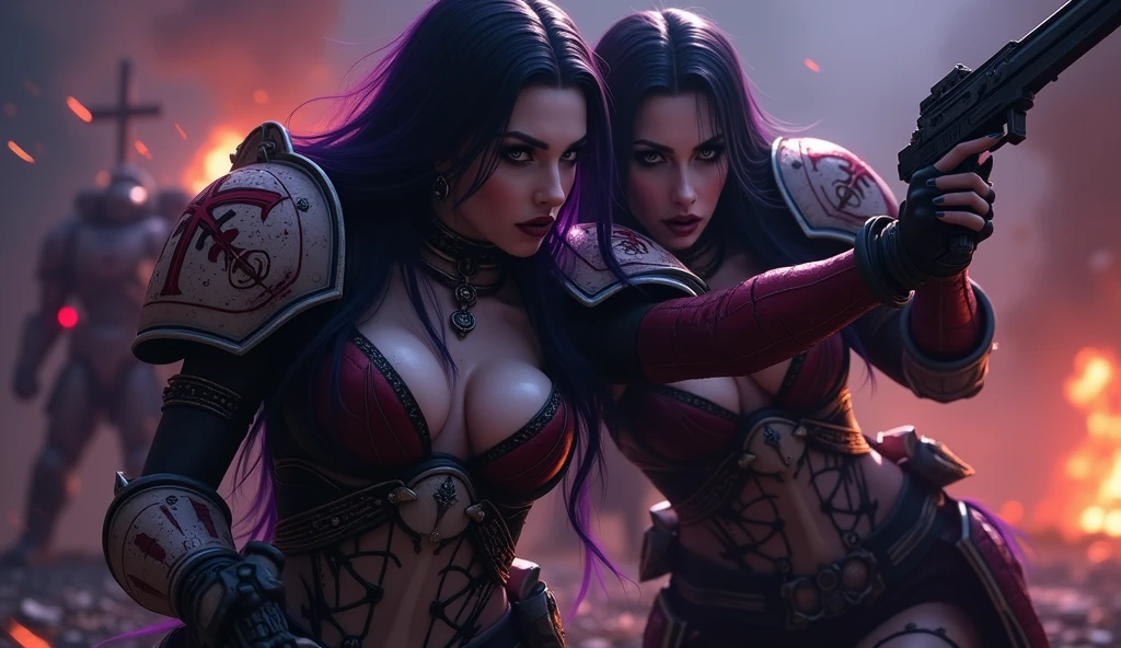 Masterpiece, Best Quality, Official Art, (Highly Detailed CG Unity 8k wallpaper), Detailed background, (Hands by Guido Daniele: 1.1). Full body pose sexy sisters of battle from the warhammer 40k, shooting at the enemy, white armor with intricate details, red armor with intricate details, religous symbols on the armor, sisters of battle, warhammer 40k, Massive silicone breast, pale skin, seductive, temptation, eat your soul, clevage, long flowing black hair with purple highlights, heavy gothic makeup, at night, neon, beautiful detailed eyes, beautiful detailed lips, extremely detailed eyes and face, long eyelashes, highly detailed armor, intricate futuristic weaponry, dramatic lighting, cinematic composition, muted color palette, gritty and realistic, mecha, science fiction, hyper-detailed, photorealistic, award winning digital art, 8k, HDR, masters work, in the middle of a battle field, full body combat action pose, explosions and fire around, full war, stunning, Stilleto heels, high heels, full body pose, cinematic, movie trailer, final stand!, nemesis, ready to strike, dust and debree, combat screams, attacking, shooting at the enemy, running forward, last line of defense, charging, fanatic, religious, templar knights, sisters of battle, warhammer 40k