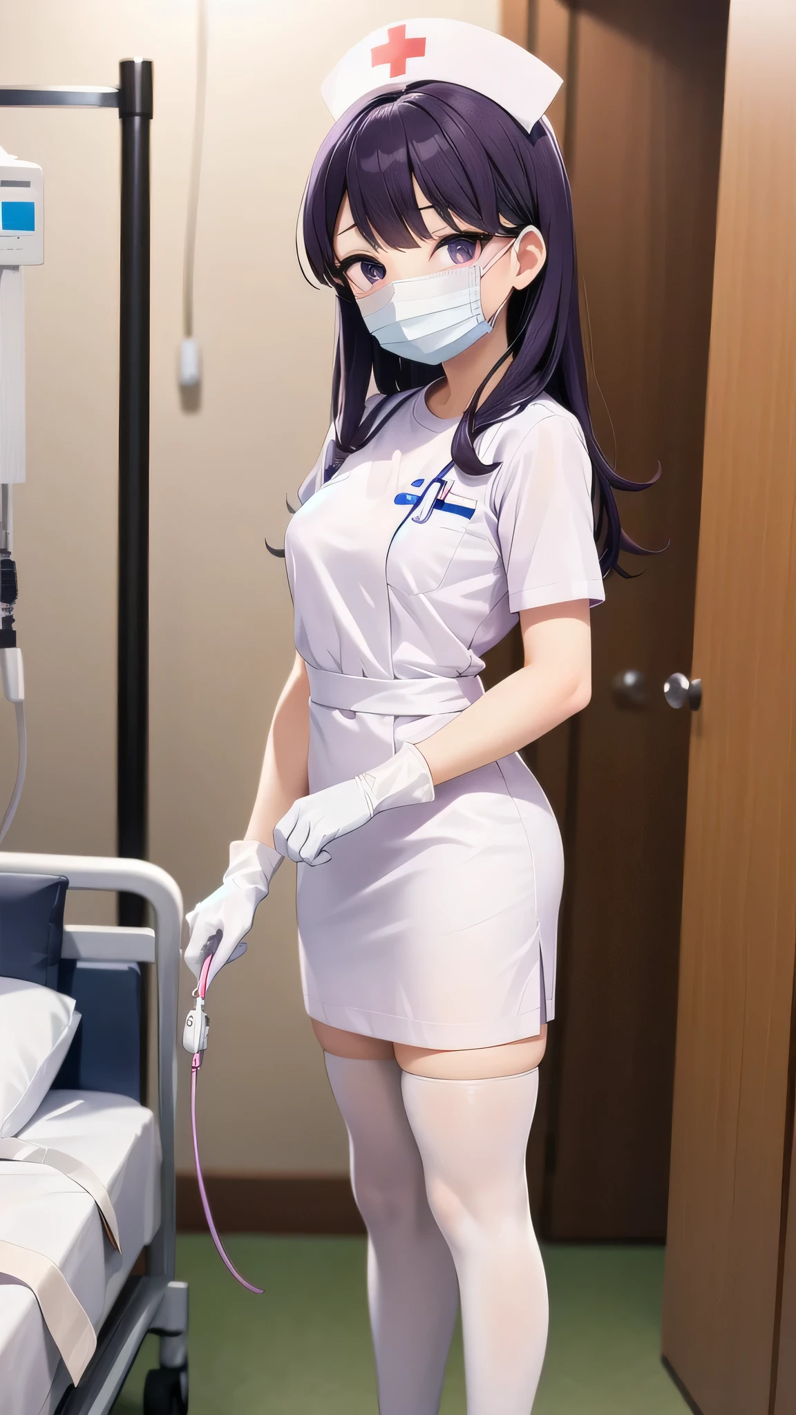 1woman, solo, nurse, nurse cap, white wear, ((white legwear, komi shouko)), white gloves, purple hair, purple eyes, ((white surgical mask, covered nose)), standing, ((hospital room)), sharp outline, short sleeves, young woman, 3, best quality, masterpiece