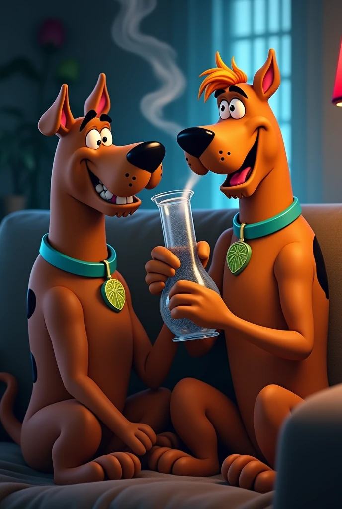 Scooby smoking a bong with Shaggy( the two are smoking together)
