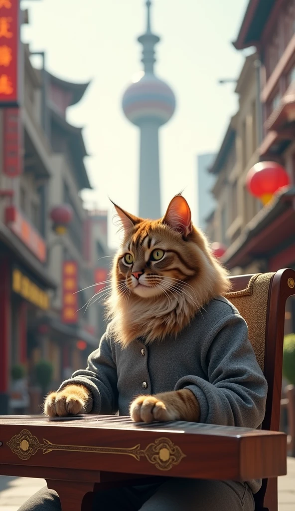 A Maine Coon cat,Sitting on the street of Nanjing Road,Wearing a grey shirt,sit on the chair,There is a guzheng in front of me.,Cat playing the zither,My eyes are always on the guzheng。The background is the Shanghai Oriental Pearl Tower