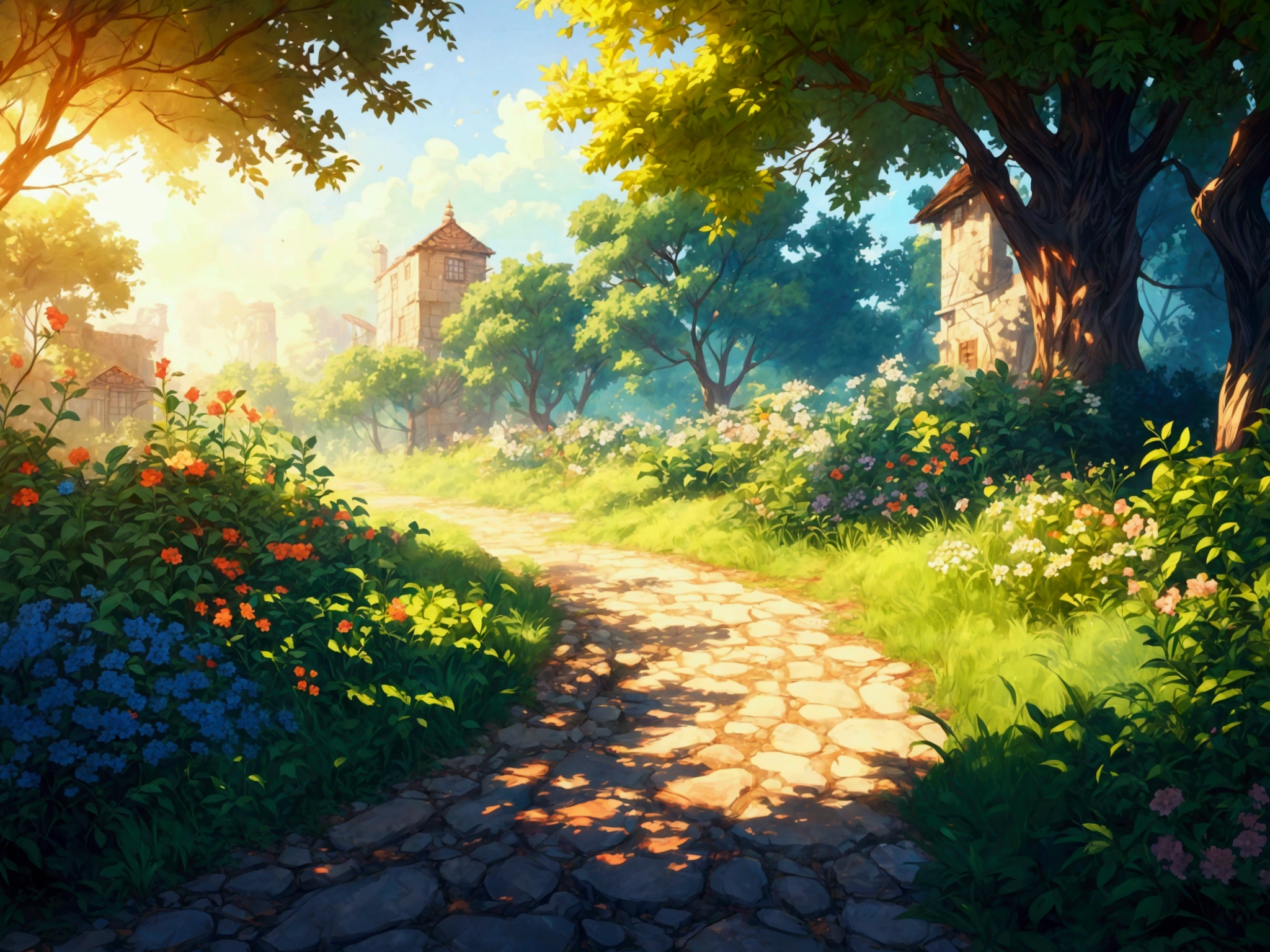 There is a path in the middle of a garden with flowers, background art, anime background art, background artwork, scenery art, Anime rural landscape, scenery art detalhada, Silvain Sarrailh, environment design illustration, por Sylvain Sarrailh, ambient painting, environment art, anime scenery concept art, detailed game art, a beautiful art illustration, detailed digital painting