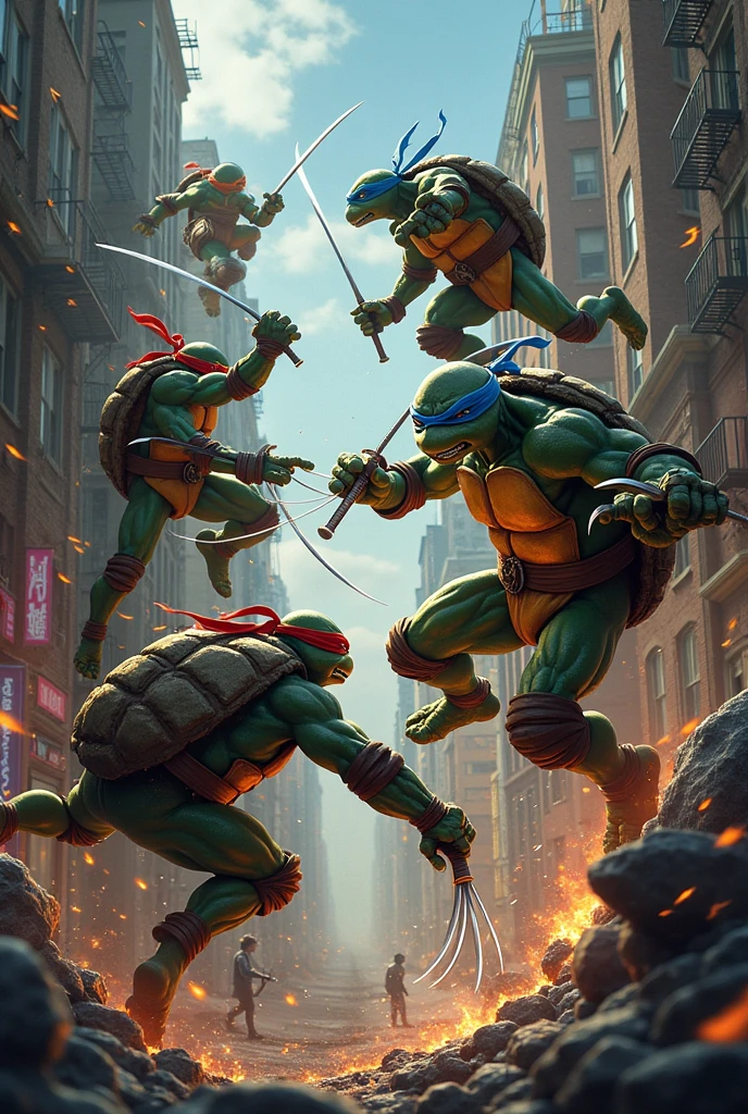 Ninja Turtles fighting Wolverine