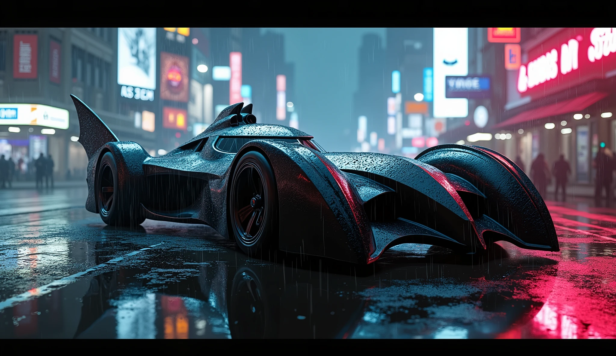 A highly detailed, hyper-realistic, and cinematic depiction of the Batmobile from the movie Batman: Arkham Knight, standing in the streets of a cyberpunk-inspired New York City at night. The scene features heavy rain, water droplets, and neon lights illuminating the dark, storm-filled cityscape.