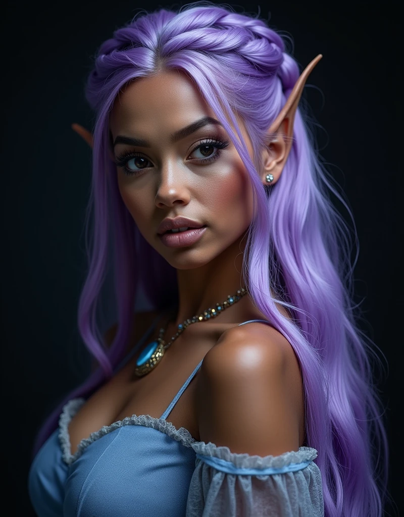 FAIRY WITH AN HYBRID FACE BETWEEN NAOMI CAMPBELL AND BEYONCE , BUST IMAGE STYLE, STUDIO IMAGE STYLE, BLACK INFINITE BACKGROUND, DIFFUSED LIGHTS ON FACE, BACK LIGHTS ON HAIR, LUMINOUS PURPLE HAIR, LIGHT PURPLE HAIR COLOR, CLOSE FACE SHOT, HUGE LONG HAIR, HUGE STRAIGHT LONG HAIR, BRAID HAIR STYLE, PLATINUM EYEBROWS, DARK SKIN, SOFT SKIN, FEMALE FAIRY, TOLKIEN MITHOLOGY, EXPOSED LONG TIP EARS, HIGH DETAILED ELVE EARS, HIGH CHEEKBONES, ROSY CHEEKS, GORGEOUS LIPS, SOFT LIPSTICK, GORGEOUS CURVY BODY, SOFT MUSCLES, VOLUMOUS BREASTS, STRAPLESS CLEAVAGE, BLUE VICTORIAN DRESS, ENIGMATIC FACE EXPRESSION, SIDE FACE VIEW, EYES LOOKING UP, TOLKIEN MITHOLOGY, HIGH QUALITY IMAGE, MASTERPIECE, 8K