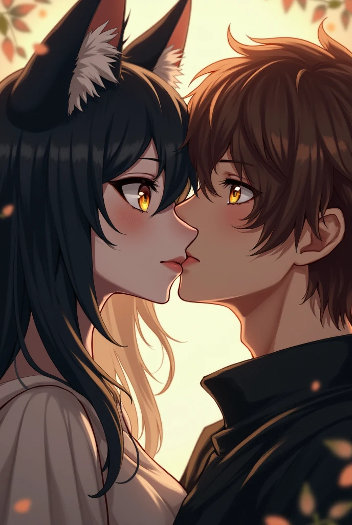 ookami mio, a fair-skinned wolf with black hair and pale skin and golden eyes, is surprised to feel the brown man's kiss, golden eyes and brown hair