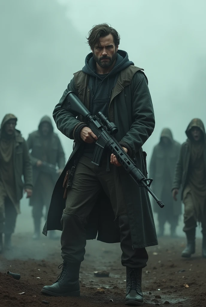 Make a book cover in the style of The Walking Dead with a dark-haired, armed male protagonist with zombies in the background.
book cover "The Mist Walkers"