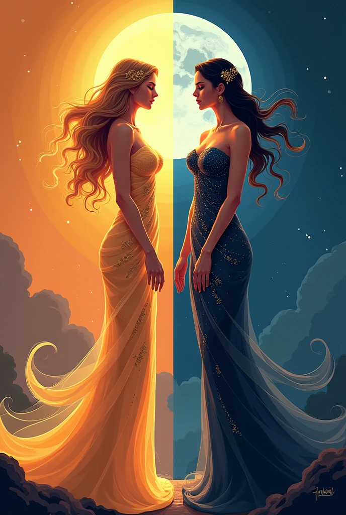 Flat vector of 2 sexy busty godsesses. One is goddess of the day and is on the left side of the image. The other is goddess of the night and is on the right side of the image. They are both wearing elegant dress that represent their domains. the image is split in the middle.