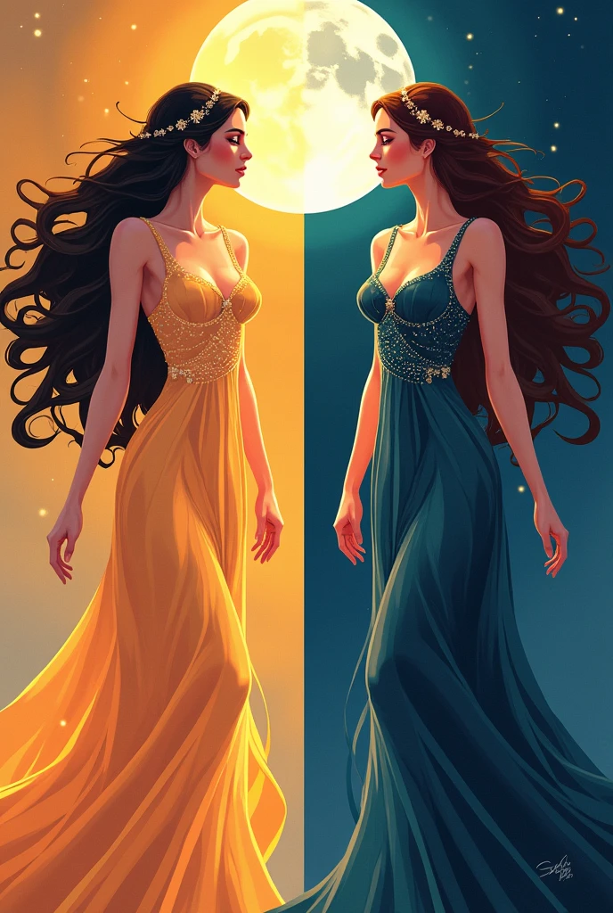 Flat vector of 2 sexy busty godsesses. One is goddess of the day and is on the left side of the image. The other is goddess of the night and is on the right side of the image. They are both wearing elegant dress that represent their domains. the image is split in the middle.